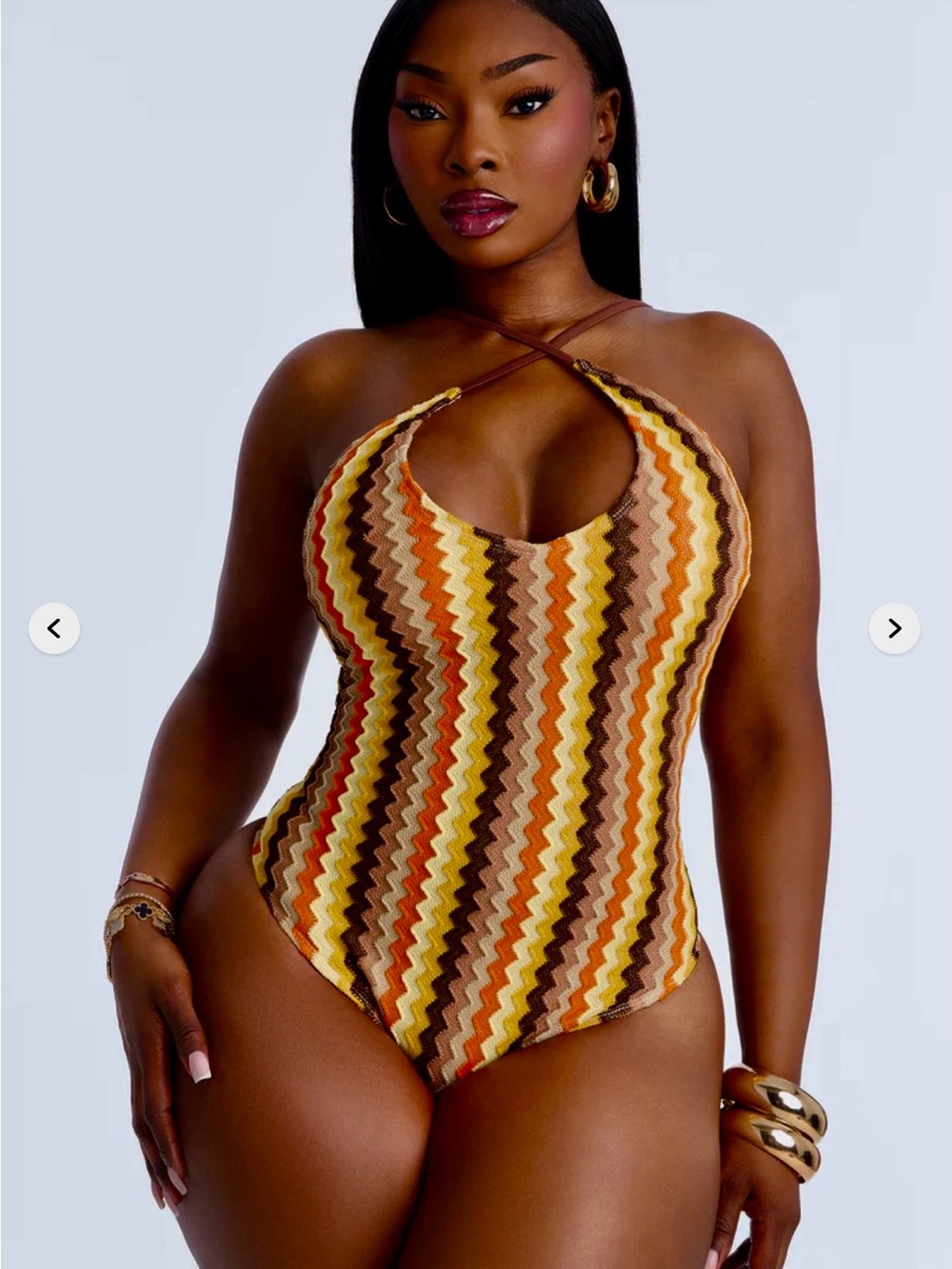Fashion Nova Zigzag One-Piece Swimsuit in Brown, Yellow, Orange